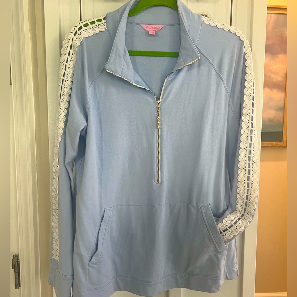 Lilly Pulitzer Light Blue Half-Zip Crochet accent Pullover Top XL